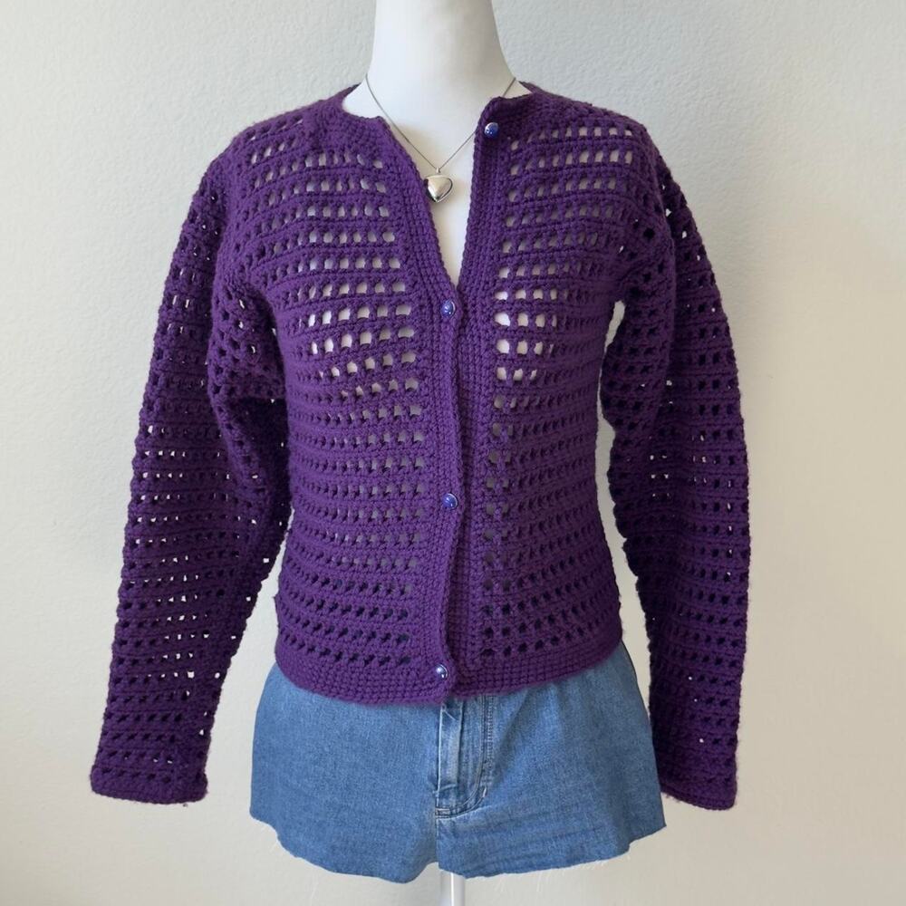 handknit purple crochet knit button up cardigan